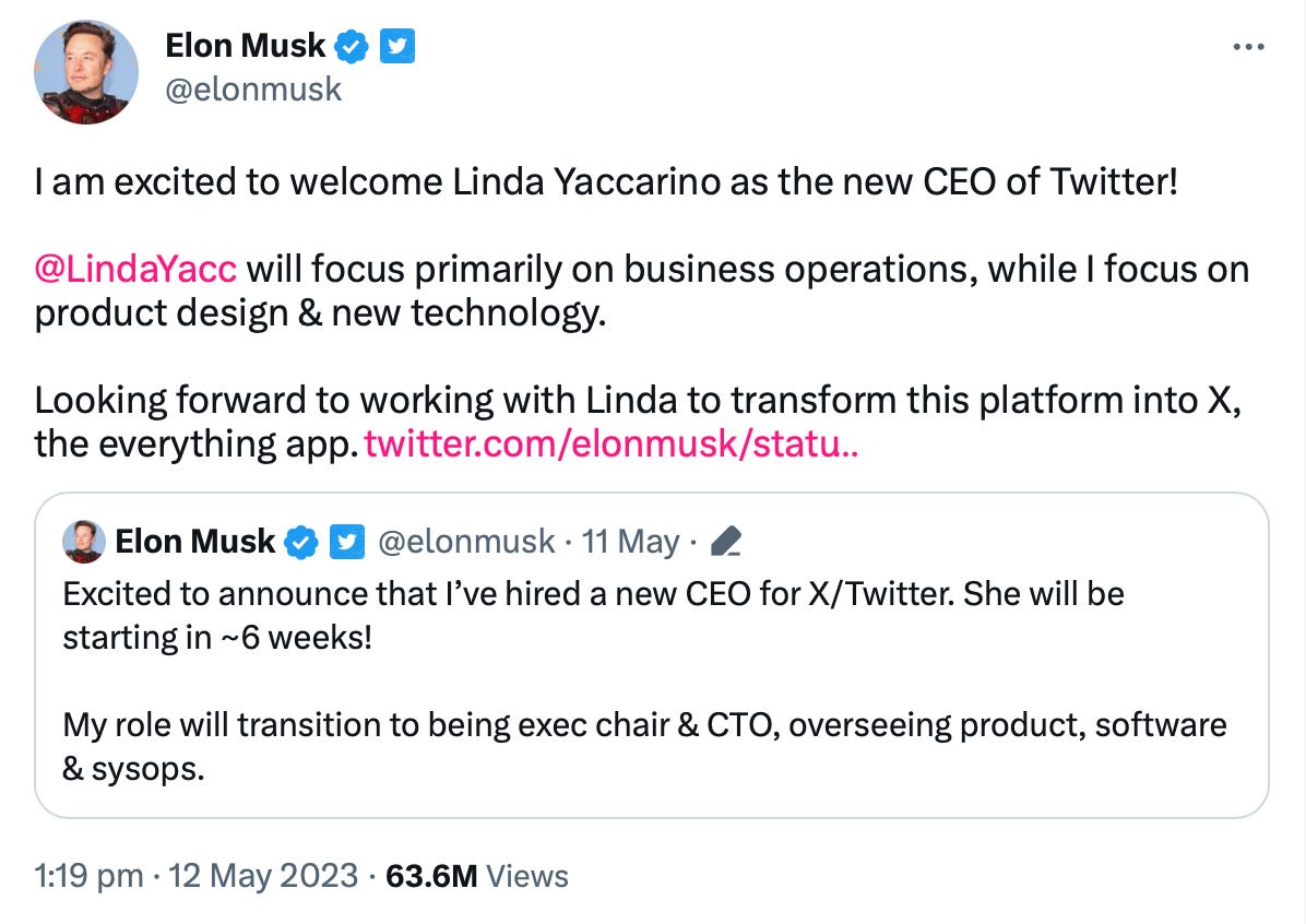 Elon Musk’s tweet announcing Linda Yaccarino as CEO