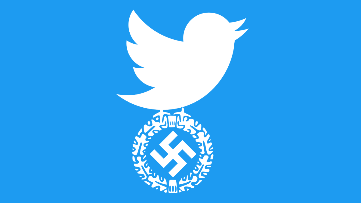 Twitter logo holding a wreath containing a swastika.