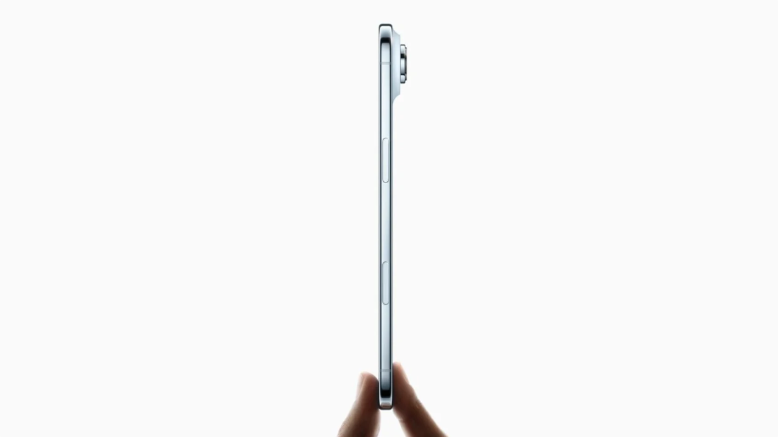 iPhone Air side profile in blue being held by two fingers