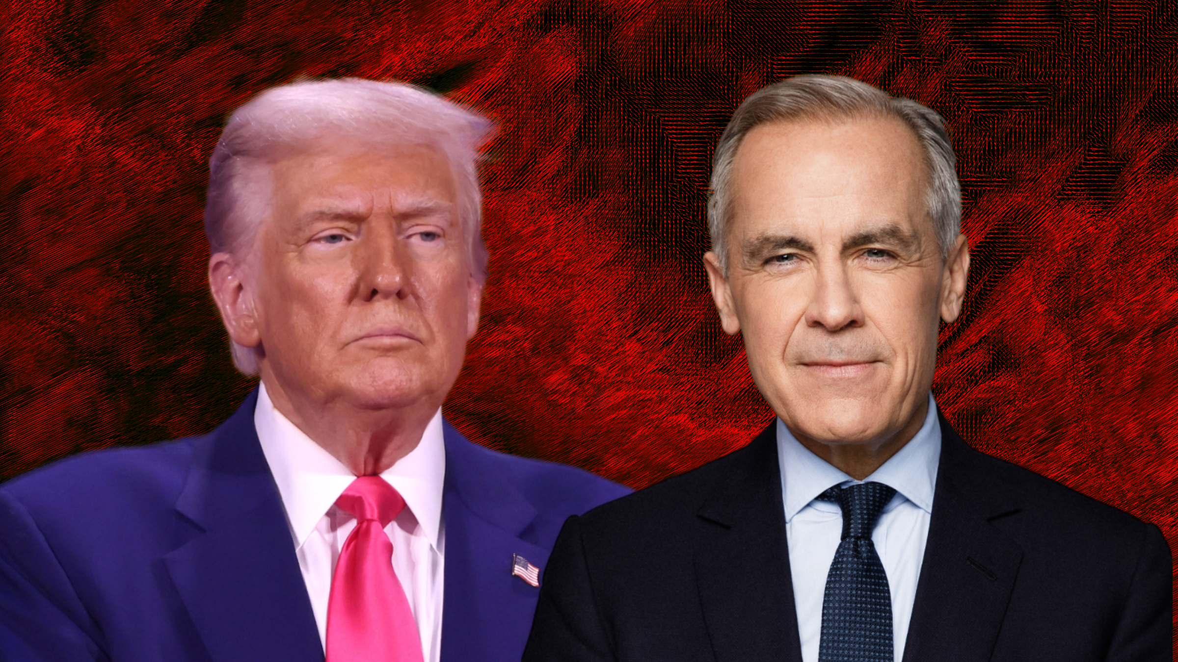 Donald Trump and Mark Carney on a red background